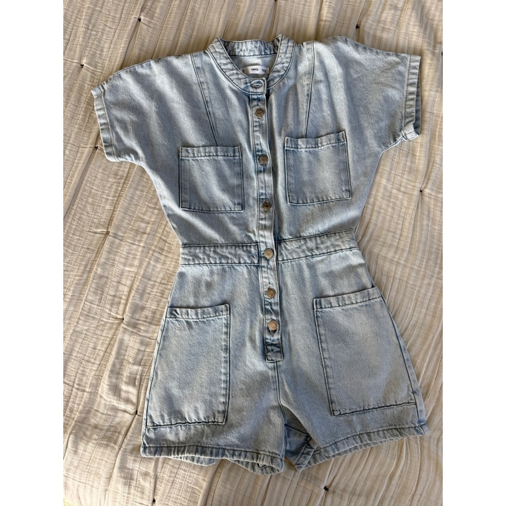 MNG Mango Light Wash Denim Utility Romper XS Button Front Short Sleeve